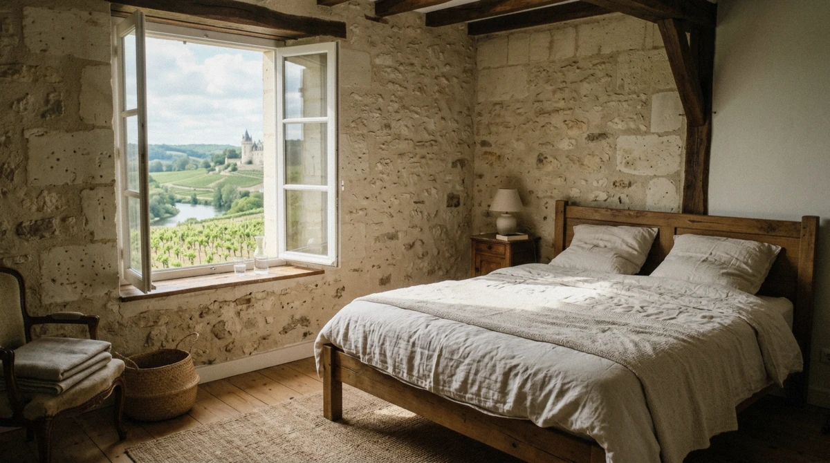 A sunny guest room in a tuffeau stone house with a view of vines, a stay between Loire Valley wine and castle tours