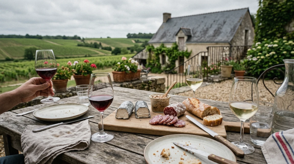 Goat cheese, rillettes and Loire wines at lunch on a Loire Valley wine and castle tour from Paris