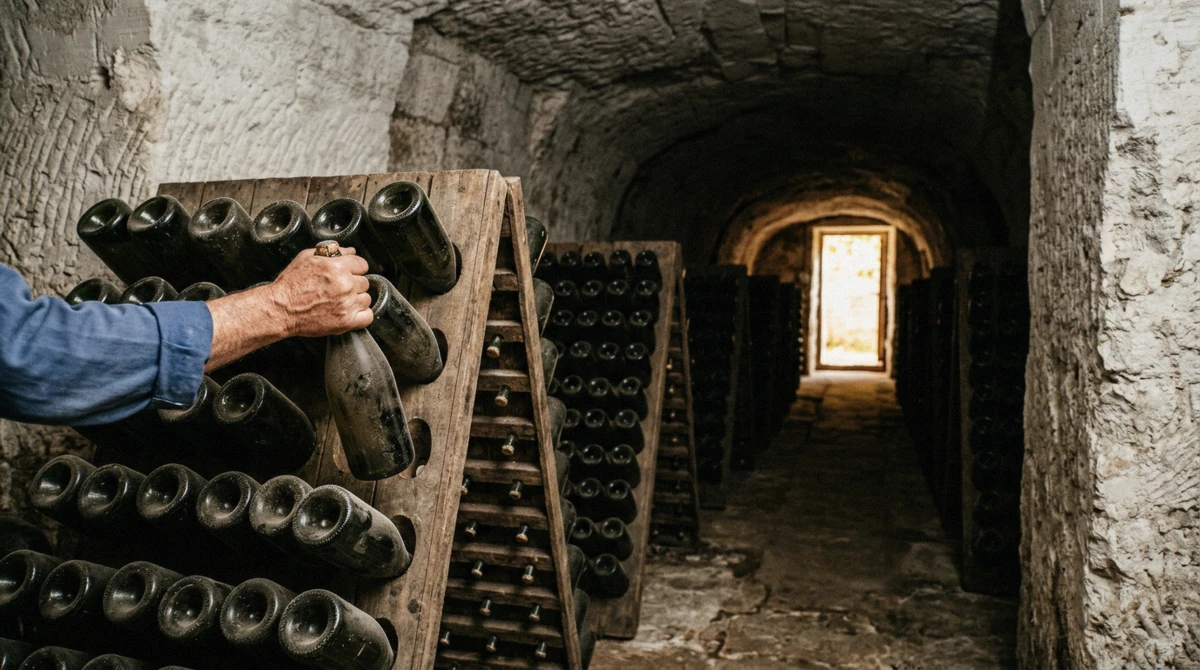 Bottles of Loire sparkling wine on riddling racks in a tuffeau cellar, a stop on Loire Valley wine and castle tours