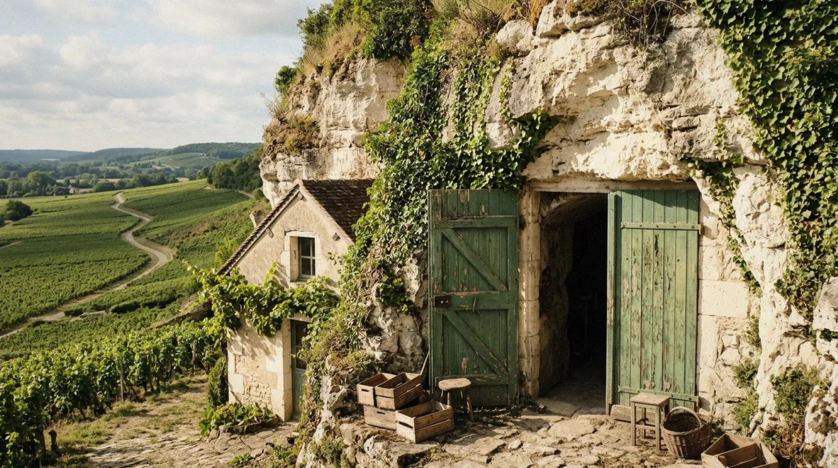 A wine cellar door cut into tuffeau rock above the vines, typical of Vouvray on a Loire Valley wine and castle tour