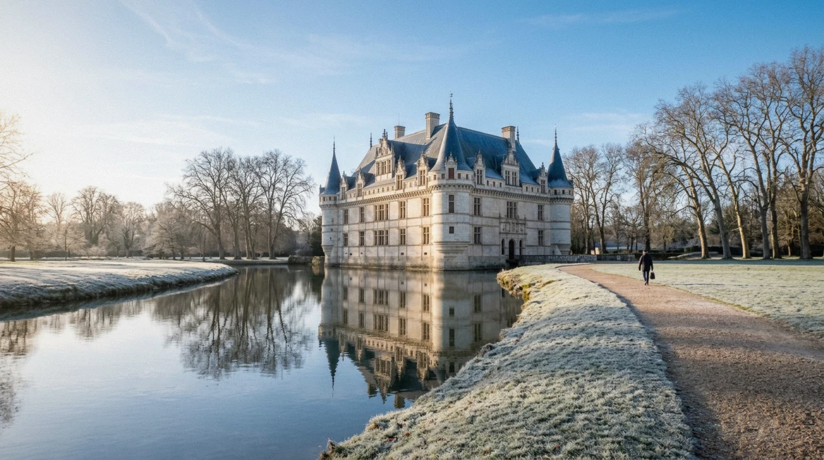 A slate-roofed château on the Loire on a frosty sunny winter morning, low season for Loire Valley wine and castle tours